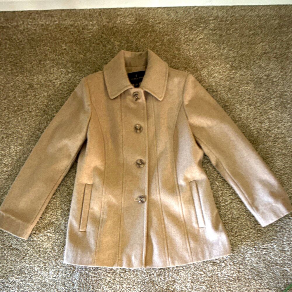 London Fog Women Beige Button Front Mid-Length Wool Coat Pockets Long Sleeve L